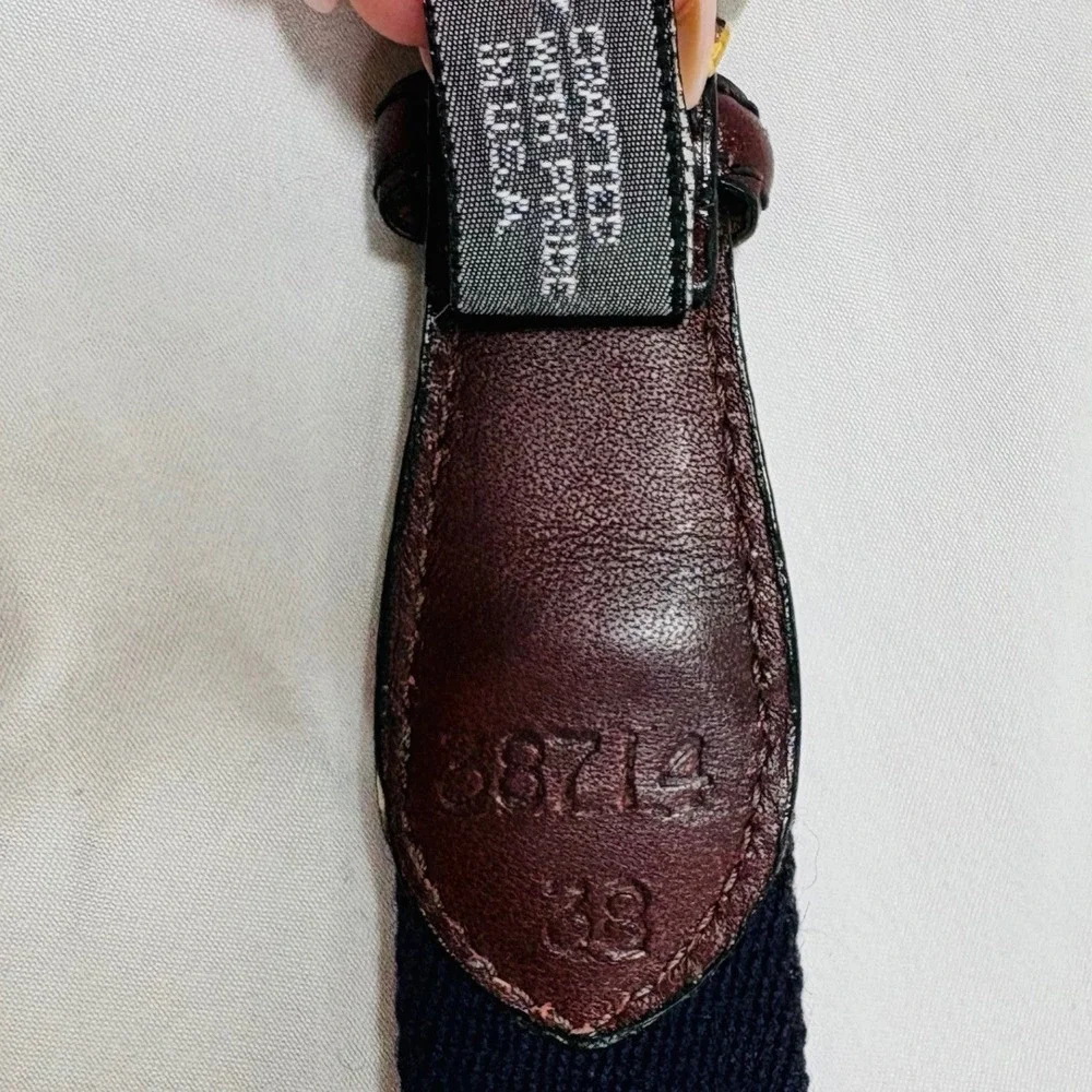 Brighton Navy Blue Canvas Belt Burgundy Leather Trim Gold Buckle USA Made 38